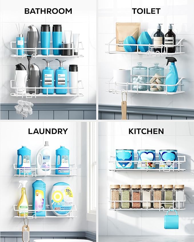 Nieifi Shower Caddy Shelf with Hooks Storage Rack Organizer Adhesive Stainless Steel Without Drilling for Bathroom, Lavatory, Washroom, Restroom, Shower, Toilet, Kitchen - 2 Pack (White)