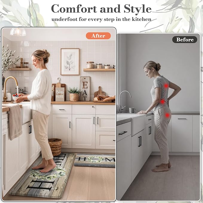 KIMODE Kitchen Mats for Floor 17"x47"+17"x29", Farmhouse Kitchen Rugs Sets of 2, Anti Fatigue Mats for Kitchen Floor, Cushioned Comfort Kitchen Floor Mats for Sink, Laundry, Desk Grey