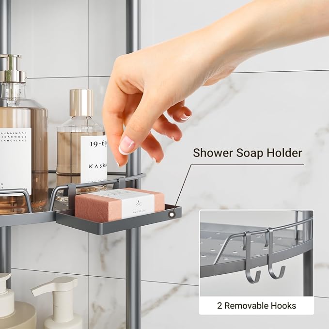 ELYKEN Corner Shower Caddy Standing, 4 Tier Rustproof Metal Shower Organizer with Soap Holder, Floor Shower Corner Shelf Rack Storage Stands with Adjustable Feet & 2 Hooks for Bathroom, Silver