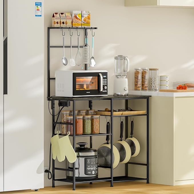3IngSeagulls Bakers Rack with Power Outlet, Kitchen Microwave Stand with 10 S-shaped Hooks, 6-Tier Coffee Bar Station, Kitchen Storage Shelf Rack for Spices, Pots, Gray