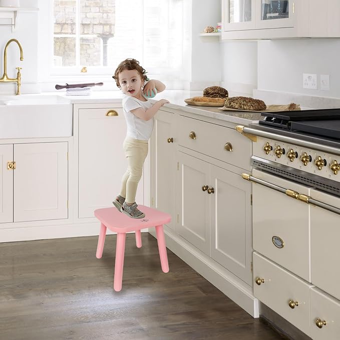 BEE&OAK 11 Inch Wooden Step Stools for Adults, Solid Rubber Wood Non-Slip Step Foot Stool, Heavy Duty 300 lbs One Step Stool for Bedroom, Bathroom, Kitchen,Outdoor (Pink)