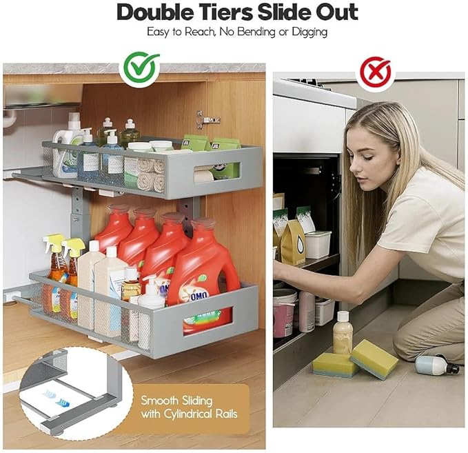 Under Sink Organizer,2-Tier Dual Pull Out Cabinet Organizer Drawers With Smooth Circular Rail,Large Capacity Metal Mesh Sliding Shelves For Bathroom& Kitchen Storage,Height Adjustable–Gun Gray,2 Packs
