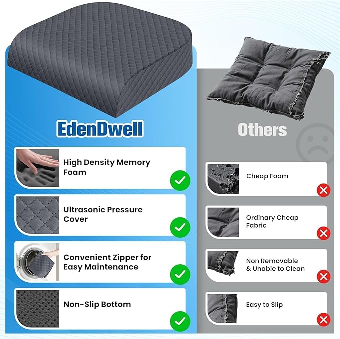 Seat Cushion for Office Chair, Memory Foam Chair Cushions, Car Seat Cushion for Long Sitting, Desk Chair Cushion for Pressure Relief, Non-Slip Bottom, Washable Cover, X-Large, Grey