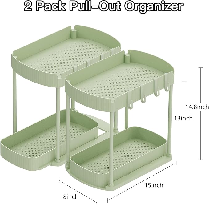 Ukeetap 2 Pack Multi-Purpose Pull-Out Storage Organizers, Under Sink Organizers and Storage for Bathroom & Kitchen, Under Cabinet Organizers and storage, 14.8 Inch, Green