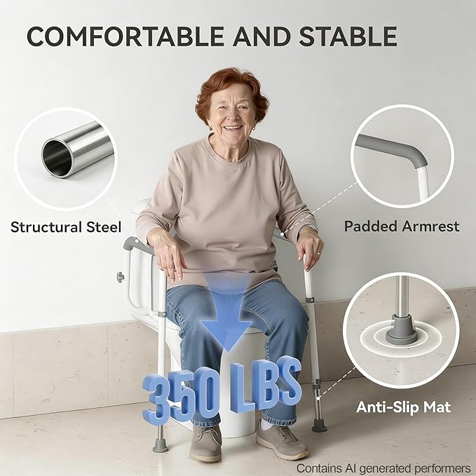 Loyoda Toilet Safety Rail, Adjustable Height & Width, 350 lbs for Seniors | Securely bolts to toilet seat holes for stability. Non-slip feet, Padded grip. Sturdy steel Frame. For mobility assistance.