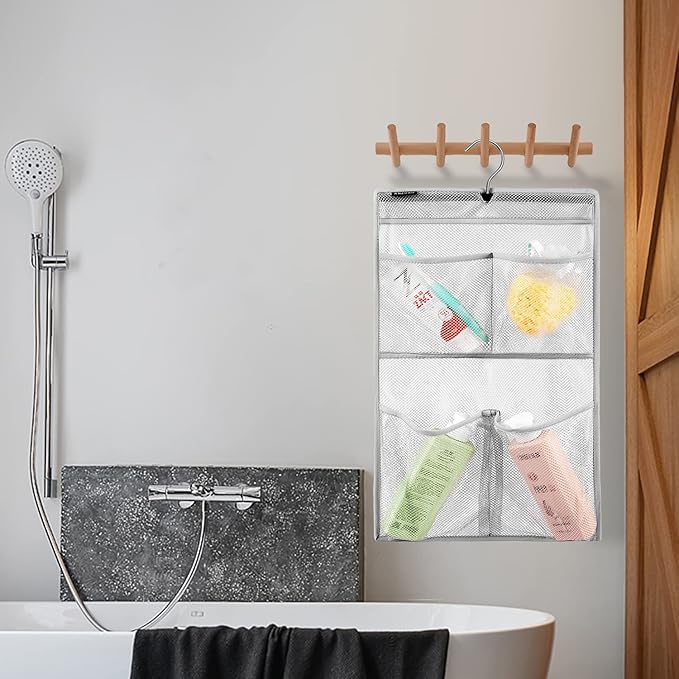 Mesh Shower Organizer Hanging Caddy Quick Dry Bathroom Storage for Toiletry Accessories with Rotating Hanger (4 Pockets)