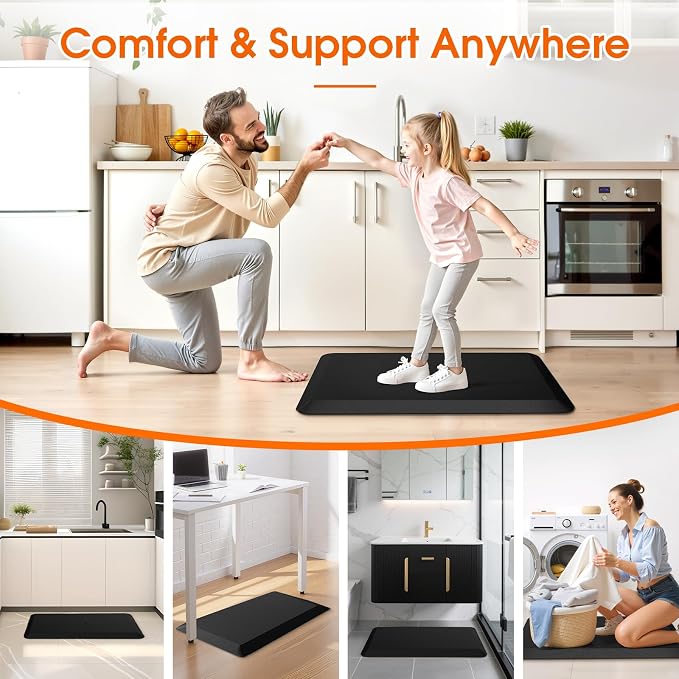 4/5 Inch Thicker Kitchen Mat, Cushioned Thick Floor Comfort Mat, with Non-Slip Bottom, Water & Stain Resistant, Easy Clean Standing Desk Mat for Kitchen, Sink, Office (17.3"x28"x0.8", Black)