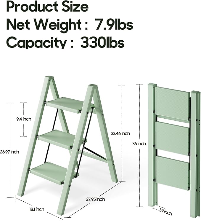 HillhutApex 3 Step Ladder, Lightweight Portable 3 Step Stool with Anti-Slip Wide Pedal, 330lbs Capacity Aluminum Ladder for Household,Office,Kitchen(Pale Green)