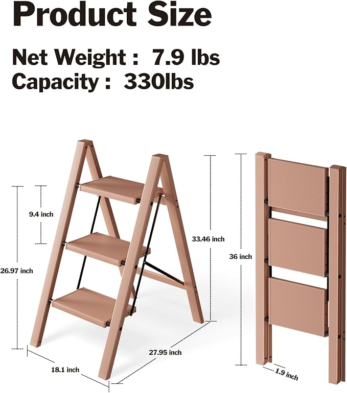 3 Step Ladder, Aluminum Lightweight Folding 3 Step Stool with Anti-Slip Wide Pedal, 330lbs Capacity Ladder for Household,Library,Office(Light Peach Pink)