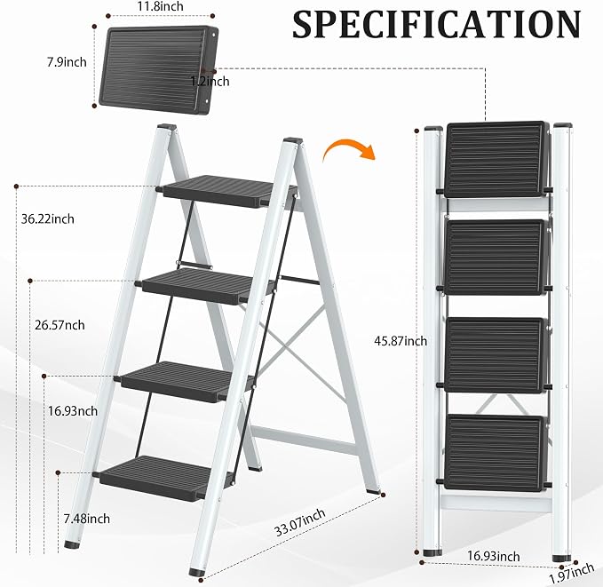 DIAMONDFORGE 4 Step Ladder, Lightweight Folding Step with Wide Anti-Slip Pedal & Feet, 330 lbs Capacity,Sturdy Steel Step Ladder for Home,Office and Library,Gray Black
