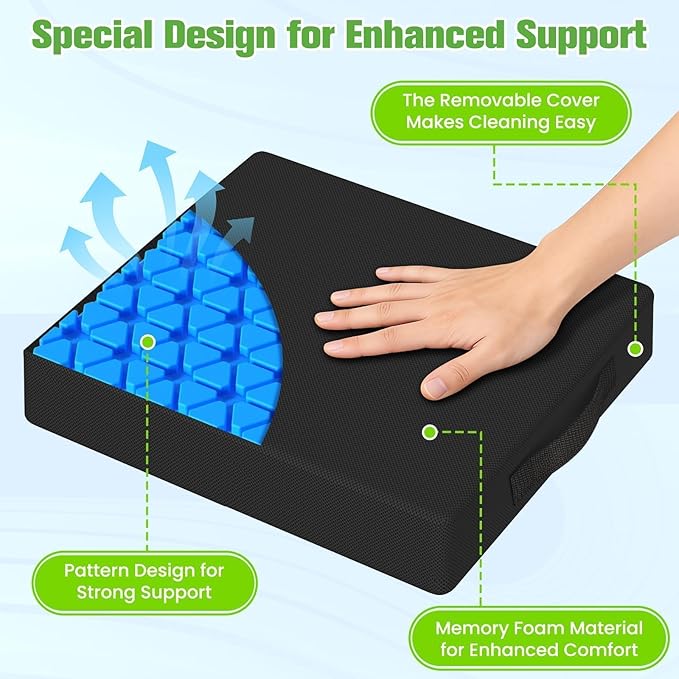 Seat Cushion for Office Chairs, Memory Foam Chair Cushion with Patterned Core for Even Support, Back, Tailbone & Sciatica Relief, Chair Pillow with Carry Handle for Car, Wheelchair(Black)