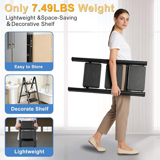 3 Step Ladder Folding Step Stool with 500LBS Capacity Sturdy Carbon Steel Frame Anti-Slip Thick Pedal & Feet Portable for Home Kitchen Garage (black-3step)