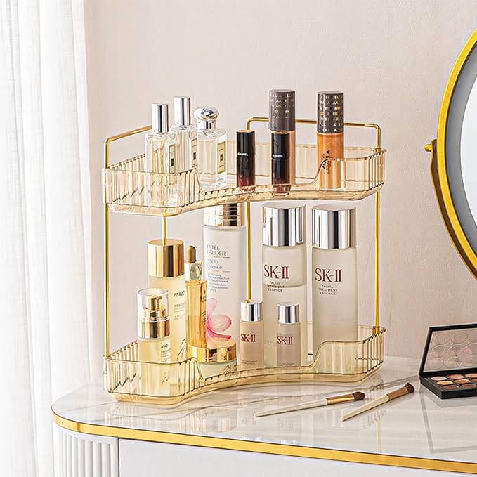 shuang qing 2-Tier Corner Bathroom Counter Organizer – Classic Storage Shelf for Makeup, Perfume & Toiletries, Space-Saving Countertop Tray Fits Bathroom, Dresser, Kitchen (Vintage Gold)