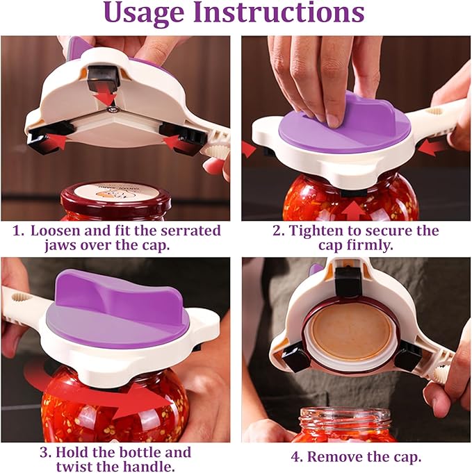 2026 Adjustable 4‑in‑1 Jar Opener with Red Wine Corkscrew & 2 Can Openers, Jar Opener for Seniors and Weak Hands, Perfect for Kitchen Jars,Bottles & Beer Caps (purple）