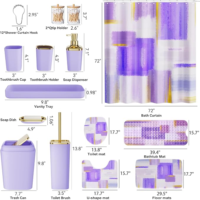 XLHOMO Bathroom Accessories Set - 26PCS Purple Bathroom Set, Bathroom Accessory Set with Shower Curtain and Rugs and Bathtub Mats for Home
