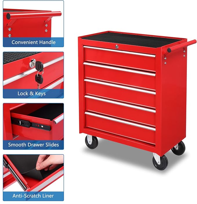 TUFFIOM 5-Drawer Rolling Tool Chest w/Drawers & Lock, Tool Storage Cabinet with Lockable Wheels, Top Cushion & Drawer Liners, Tool Organizer Box for Garage, Warehouse & Repair Sho