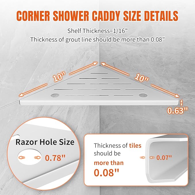 Corner Shower Shelf with Razor Hole, Rustproof Stainless Steel Shower Organizer, No Drilling Tile Shower Shelves, Modern Bathroom Shelf for Tile Wall, Grout in Shelf for Bathroom 2-Pack, 10"