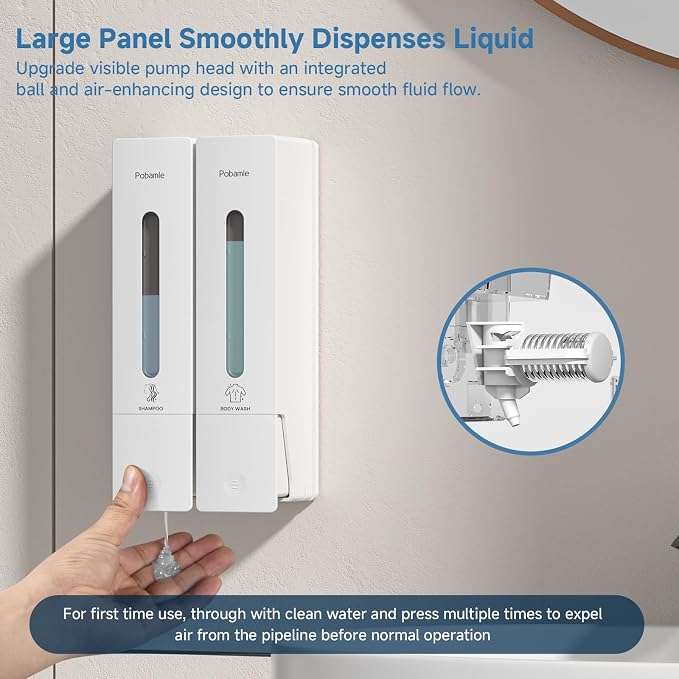 Shampoo Dispenser for Shower - Shower Soap Dispenser Wall Mounted No Drill - Shampoo Body Wash Dispenser 2 Chamber - Easy Install for Bathroom Hotel White 800ml