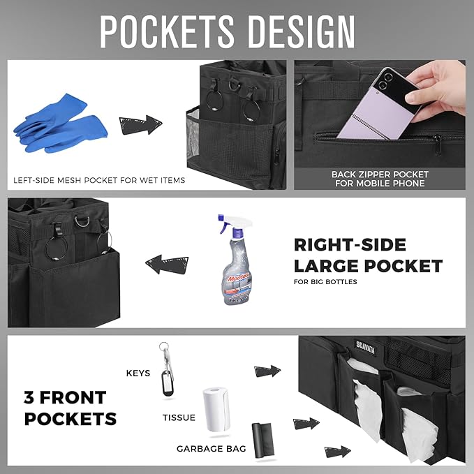 SCAVATA Wearable Cleaning Caddy Bag, Supplies Organizer with Handle & Shoulder Straps for Housekeepers, Under Sink & Car Cleaning Tool Organizer with 4 Foldable Dividers (Black)