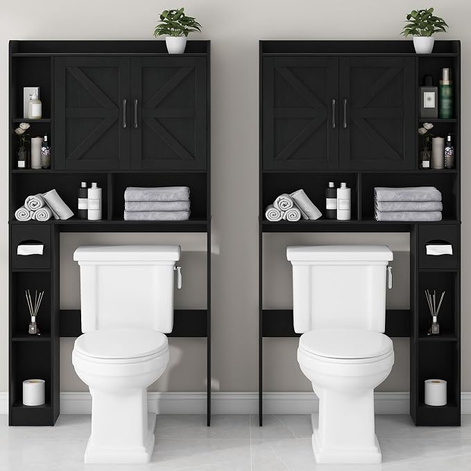 Vabches Over The Toilet Storage Cabinet, Farmhouse Storage Cabinet Over Toilet with 2 Barn Door & Toilet Paper Holder Stand, Home Space-Saving Toilet Rack, for Bathroom, Restroom (Black)