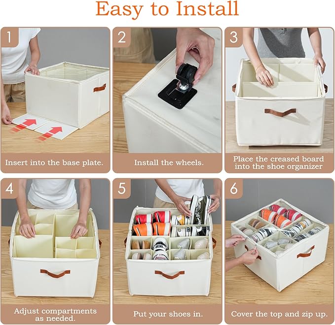 Foyego Shoe Organizer for Closet, Shoe Storage Organizer with Wheels and Adjustable Dividers, Stackable Shoe Storage Box with Clear Cover, Foldable Closet Shoe Organizer Fits up to 16-32 Pairs, Beige