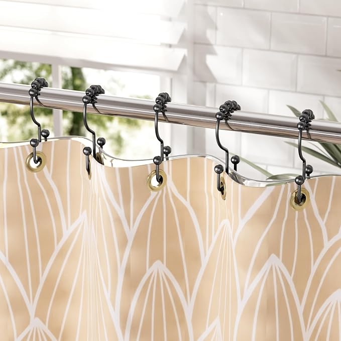 Amazer Black Shower Curtain Hooks, Shower Curtain Hooks Rust Proof 12 Pcs Stainless Steel Shower Hooks for Shower Curtain, Double Shower Curtain Hooks for Bathroom Shower Rods Curtain