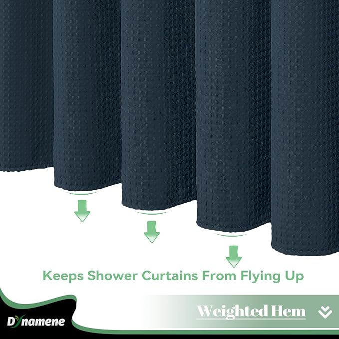 Dynamene Fabric Shower Curtain with Snap in Liner, Navy Blue Waffle Hotel Shower Curtains for Bathroom, Washable Waterproof Cloth Shower Curtain Liner Set with Plastic Hooks, Mesh Top Window, 72x72