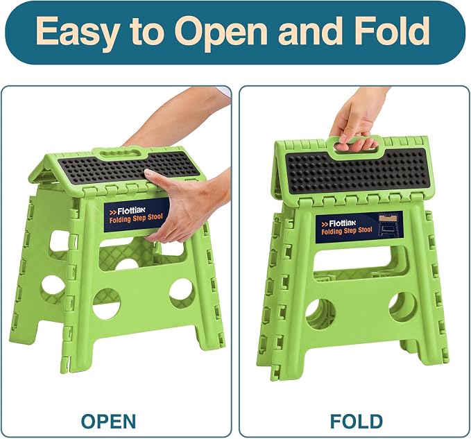 Flottian 13" Folding Step Stool for Adults and Kids Holds Up to 300 lbs,Non-Slip Folding Stools with Handle, Compact Plastic Foldable Step Stool for Bathroom,Bedroom, Kitchen,Grass Green,1PC