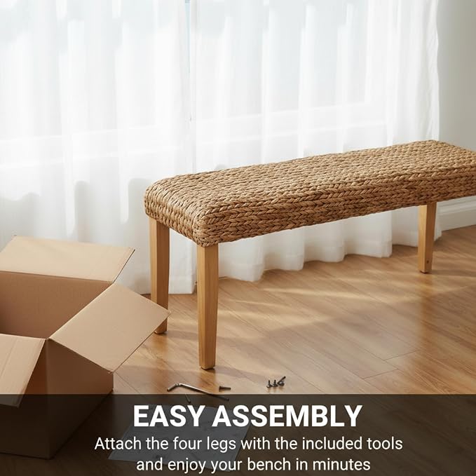 Solid Wood Acacia Indoor Bench with Natural Woven Seat, 47 Inch Wood Bench for Living Room or Entryway Bench, Bedroom End of Bed Bench or Dining Benches, Window Bench (Fishbone, Water Hyacinth)