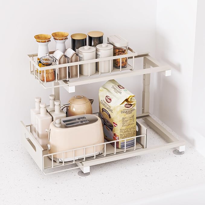 Under Sink Organizer, Heavy Duty Metal Pull Out Cabinet Organizer Slide Out Sink Shelf Organizer Height Adjustable, Multi-Purpose Storage Shelf for Kitchen Bathroom(Sand,2Pack)