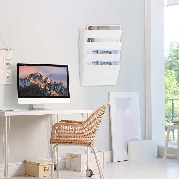 EASEPRES 4 Pack White Plastic Single Pocket Hanging File Organizer, Wall Mount Paper Mails Magazines Holder, Mounted Folder Bins for Office, School and Home, 12.99x4.13x7.48 inches