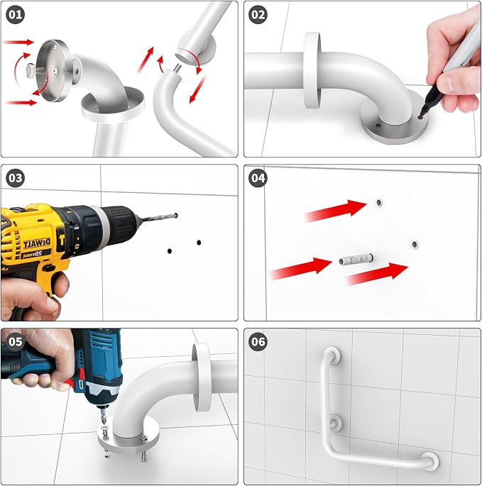 Angled Grab Bar 16x16 Inch White, L-Shaped Shower Grab Bar w/16 Inch Straight Bathtub Toilet Safety Handrail Wall Mounted, Stainless Steel Balance Support Bar for Seniors Elderly Injury Handicap