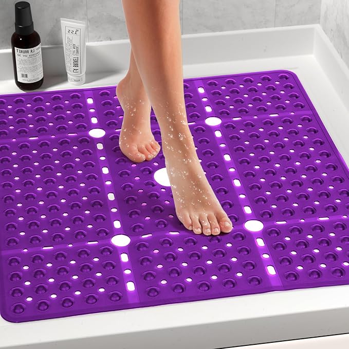 Large Square Shower Mat 27 x 27 Inch Clear Purple, Non Slip Shower Bathtub Mats for Inside Shower With Big Suction Cups Drain Holes, Anti Slip Bathroom Floor Stall Mats, Easy Clean, BPA-Free