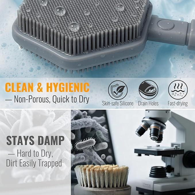 AIMAIAIMAI Silicone Back Scrubber for Shower – 21in Extendable Shower Brush with Long Handle – Dual-Sided Back Brush with Non-Slip Grip, Gentle Cleansing & Exfoliation for Men, Women, Elderly (Gray)