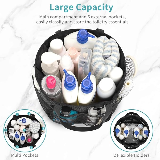 Mesh Shower Caddy Portable for College Dorm Room Essentials, Shower Tote Bag with Hanging Hook and Drawstring, Quick Dry Toiletry Bag with 6 Pockets for Bathroom, Swimming, Gym, Camping, Beach, Travel