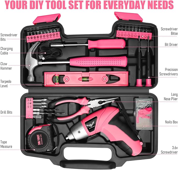 JENABOM Cordless Electric Screwdriver, Power Screw Driver Set with Pink Compact Tool Kit for Small Repair and Maintenance- Ideal Housewarming Gift, 112Pcs
