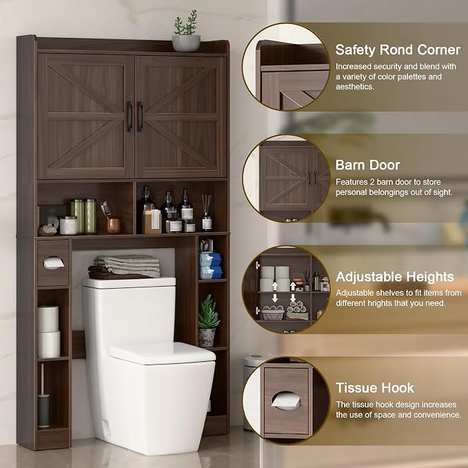 Over The Toilet Storage Cabinet, Farmhouse Toilet Cabinet Rack with Barn Doors, Space Saving Bathroom Organizer with Shelves, Toilet Paper Holder and Towel Rack for Bathroom,Restroom,Laundry,Espresso