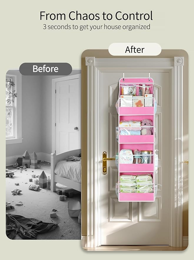 Yecaye 5 Tier Over the Door Organizer, Swing-proof Door Organizer Hanging with Clear PVC Windows, Behind the Door Storage for Bedroom Nursery Closet Laundry Pantry Bathroom, Bubblegum Pink
