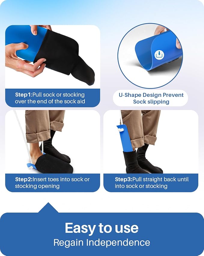 Jellas 4.6 Inch Wide Sock Aid Kit - Long Rope Assist Device for Seniors, Limited Mobility, Post-Surgery | No Bend Sock Helper & Remover | Easy On/Off Socks Tool (Blue)