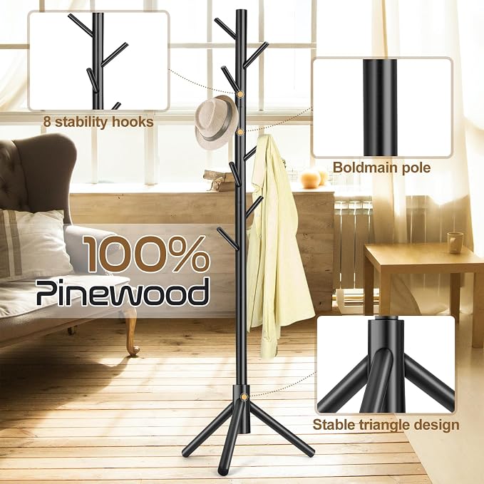 2 PC Wooden Coat Rack Freestanding with 8 Hooks & 3 Adjustable Sizes for Clothes, Space-Saving Design for Bedroom Office Entrance Holds Hats Coats Scarves Bags