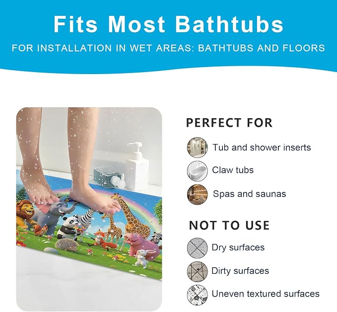 XIYUNTE Upgrade Baby Bath Mat Non Slip - 40"x16" Extra Long Kids Bath Mat for Tub Non Slip Bathtub Mat Eco-Friendly Toddler Bath Mats with Suction Cups, Machine Washable and No Fading, Animal Rainbow