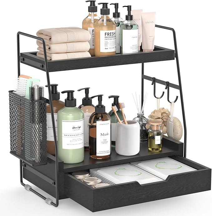 2-Tier Bathroom Counter Organizer with Drawer and Removable Basket, Wood Vanity Countertop Storage for Perfume, Makeup, Skincare, Bathroom Counter Shelf, 13" x 7.9" x 14.5", Black