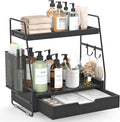 2-Tier Bathroom Counter Organizer with Drawer and Removable Basket, Wood Vanity Countertop Storage for Perfume, Makeup, Skincare, Bathroom Counter Shelf, 13" x 7.9" x 14.5", Black
