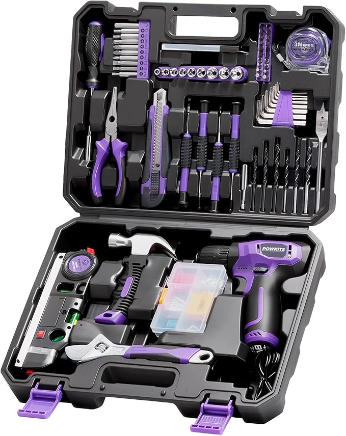 8V Cordless Drill, Purple Power Drill with Drill & Screw Bits Set, 3/8" Keyless Chuck, Rechargeable Electric Drill Tool Kit for Home Repairs, DIY,139PCS Tool Set for Women & Men