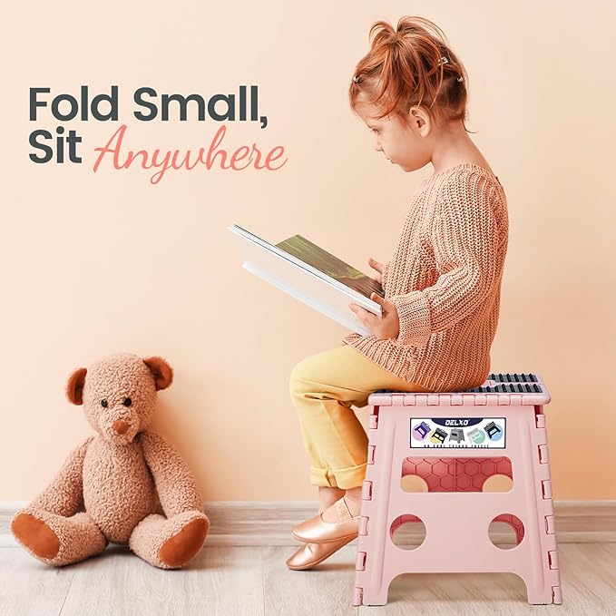 Delxo Folding Step Stool, 13 inch Non-Slip Foldable Stools Up to 300 LBS, Step Stool with Handle, Lightweight for Kitchen, Bathroom, Bedroom, Garden Stepping Stool with Dotted, Pink,1 PC