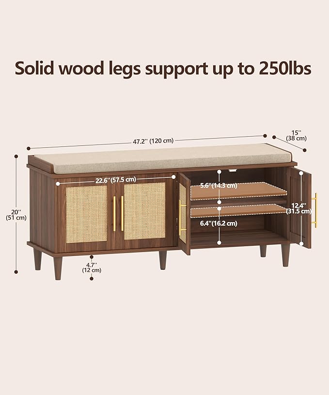 Akxomel Rattan Shoe Storage Bench with Cushion, 2-Tier Entryway Bench with Adjustable Shelves and 4 Doors, 15" D x 47.2" W x 20" H, Solid Wood Legs, for Hallway, Living Room, Bedroom, Walnut