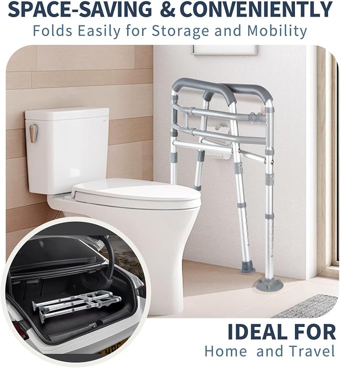 Toilet Safety Rails, Height-Adjustable, Foldable, Tool-Free Assembly, for Elderly, Seniors, Handicap & Disabled, 350 lbs Capacity