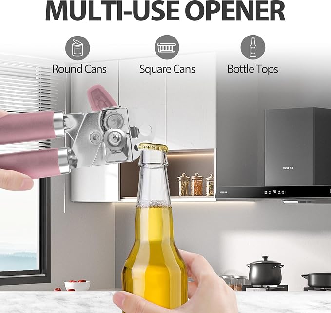 Safring Can Opener Manual, Heavy Duty Handheld Strong Can Opener with Soft Touch Handle, Sharp Blade Smooth Edge, Can Openers with Multifunctional Bottle Opener, Pink