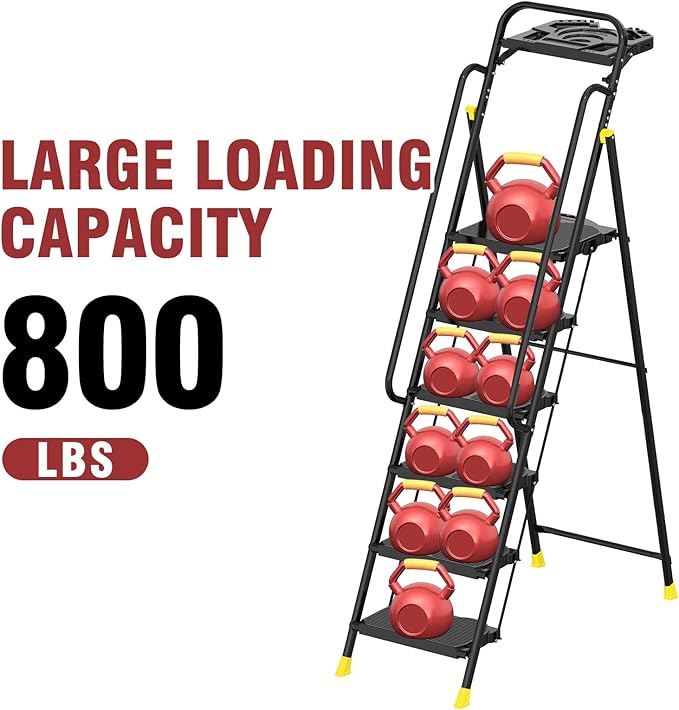 6 Step Foldable Step Ladder Stool with Roomy Tool Tray and Secure Handrail, Foldable Platform Ladder 6 Step Folding Stepstools with Wide Pedals and 800lbs Weight Capacity for Adults, Home, Kitchen