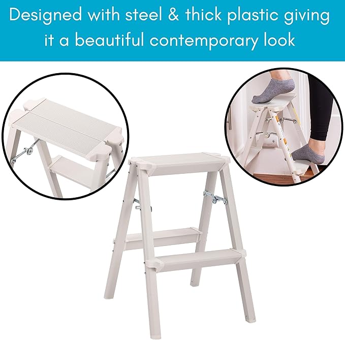 BIRDROCK HOME 2 Step Compact Steel Step Ladder - Sturdy Thin Folding Stool - Anti-Slip Steps - Great for Your Kitchen, Pantry, Closets, or Home Office - Indoor Stool - Silver